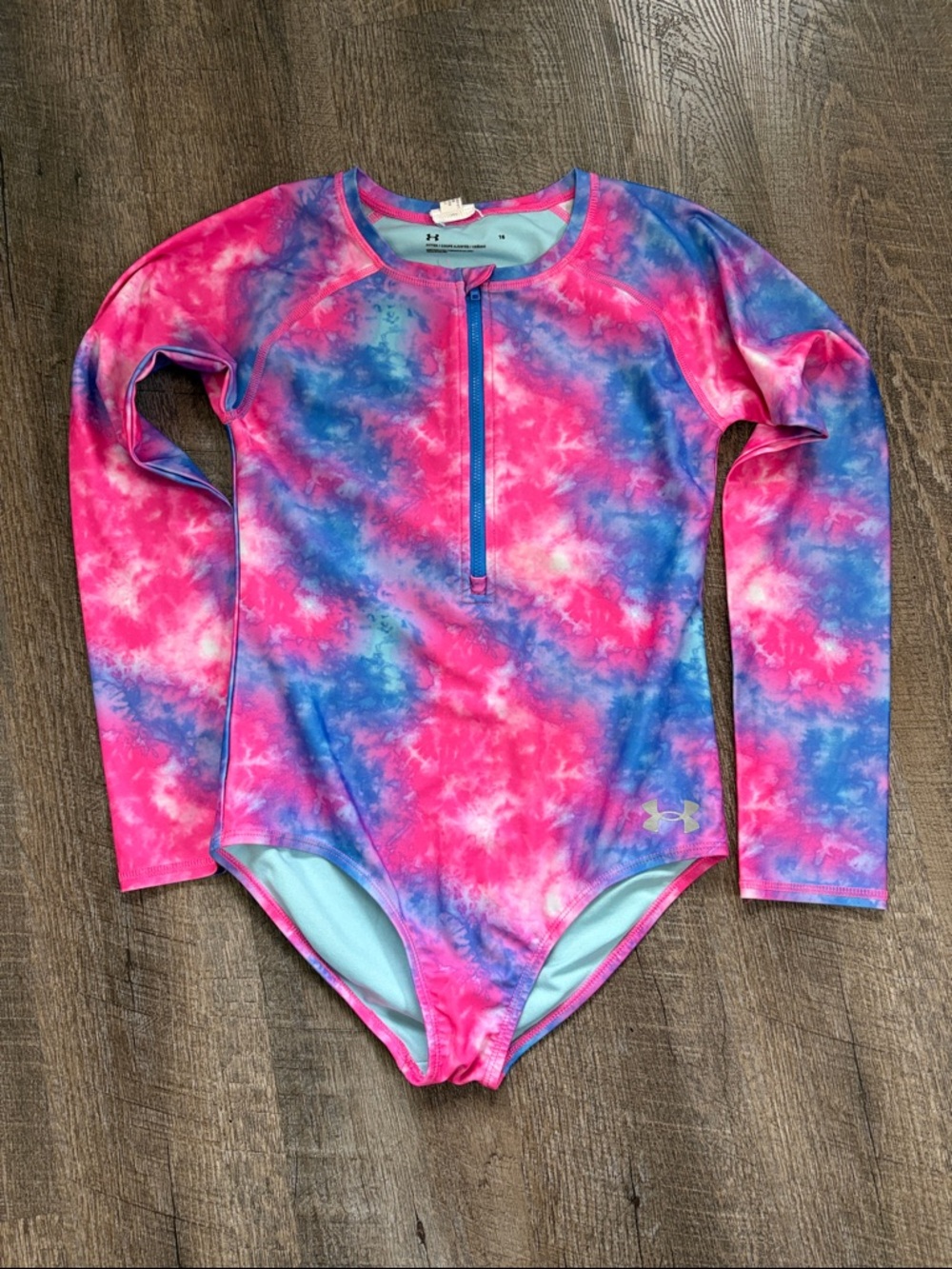 Under Armour Pink & Blue Tie-Dye Long Sleeve Swim One-Piece